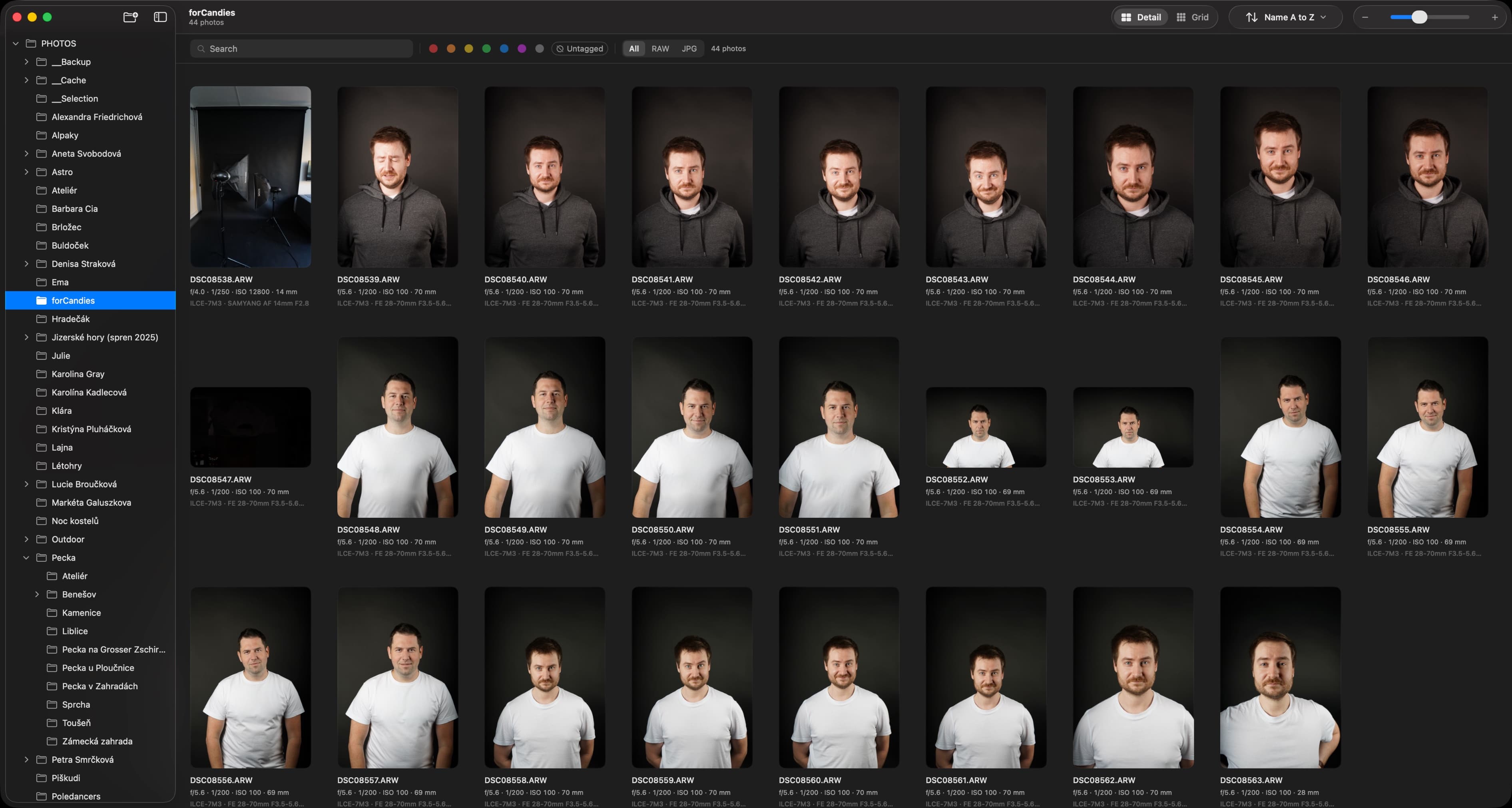 FastRAW browsing a folder of 44 RAW portraits: folder tree sidebar, tag filters, and an info grid with EXIF details for every photo